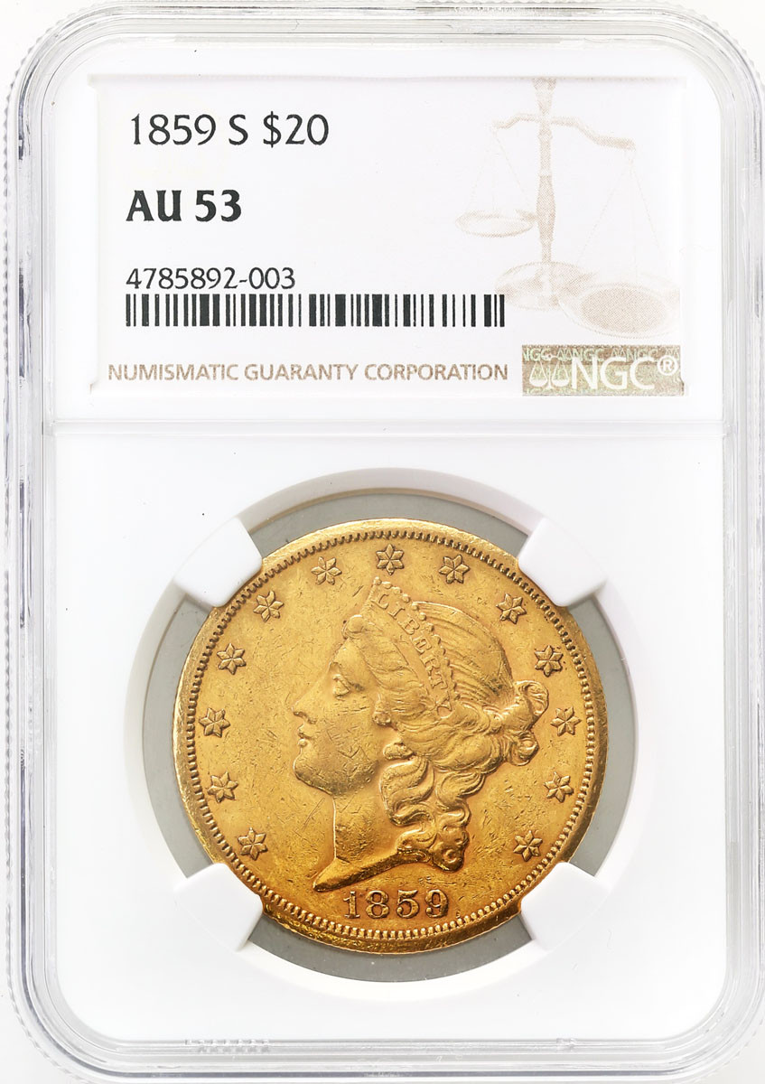 USA. 20 dolarów 1859 S, San Francisco NGC AU53